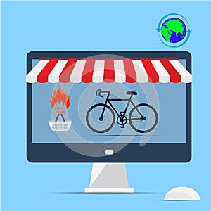 Computer supermarket internet commerce concept. Bicycle rental and sales online.