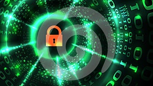 Computer system protection, security safe internet. Lock symbol on abstract computer data background, data protection technology