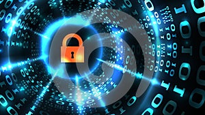 Computer system protection, database security, safe internet. Lock symbol on abstract computer data background programming binary