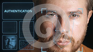 Computer system scanning face of a man. Digital authentication related clip