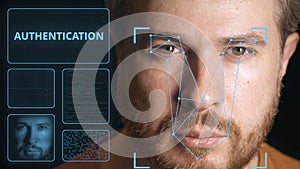 Computer system scanning face of a man. Digital authentication related image