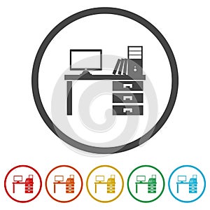 Computer table icon. Set icons in color circle buttons