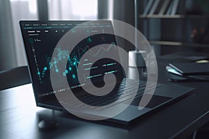 computer on a table laptop with a data analytics dashboard, AI Generative