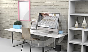 Computer and tablet 3d rendering showing responsive web design .3d illustration