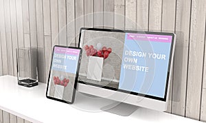 Computer and tablet 3d rendering showing responsive web design .3d illustration