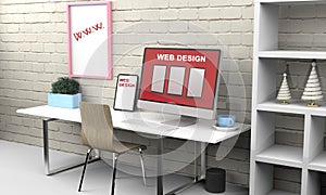 Computer and tablet 3d rendering showing responsive web design .3d illustration