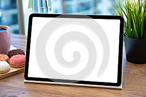 Computer tablet with isolated screen background fruit in cafe