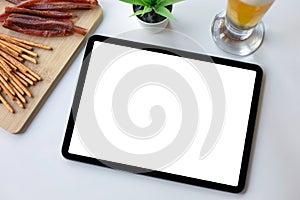computer tablet isolated screen background white table in cafe bar