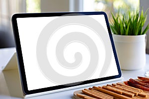 computer tablet isolated screen background white table in cafe bar