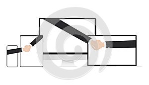 Computer, tablet, Online conclusion of the transaction. business handshake, via phone and laptop, computer, tablet,. vector