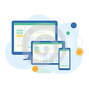 Computer, tablet and phone. Interface for different devices. Web site and application development.