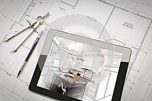 Computer Tablet Showing Kitchen Illustration On House Plans, Pencil, Compass