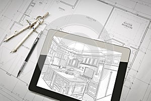 Computer Tablet Showing Kitchen Illustration On House Plans, Pencil, Compass