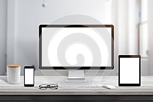 computer, tablet and smart phone display scene for responsive design promotion