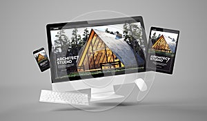 computer, tablet and smartphone gravity showing architect studio responsive website