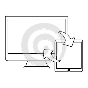 Computer and tablet synchronizing files black and white