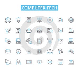 Computer tech linear icons set. Hardware, Software, Processor, Memory, Graphics, LAN, WAN line vector and concept signs