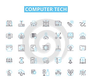 Computer tech linear icons set. Hardware, Software, Processor, Memory, Graphics, LAN, WAN line vector and concept signs