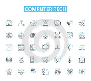 Computer tech linear icons set. Hardware, Software, Processor, Memory, Graphics, LAN, WAN line vector and concept signs photo