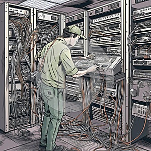 Computer Technician Installing Cables in Server Room
