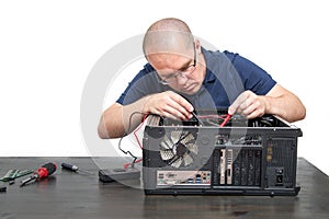 Computer Technician repairing computer system isolated on white