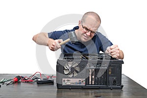 Computer Technician repairing computer system isolated on white