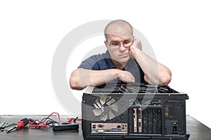 Computer Technician repairing computer system isolated on white