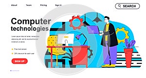 Computer technologies concept for landing page template. Developer working on laptop and creating software. Programming people