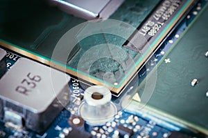 Computer Technology: Close up of a computer chip on a circuit board