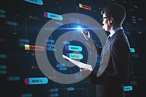 Computer technology concept with businessman touching digital screen with node tree