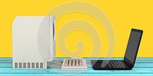 Computer Technology Concept. The System Unit, Monitor, Keyboard and Mouse in front of Modern Laptop Computer. 3d Rendering