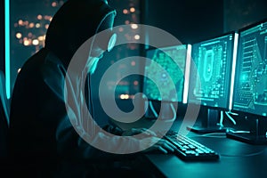 computer and technology Hacker coding virus ransomware using laptops and computers. Cyber attack, AI Generative