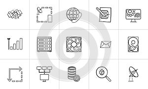 Computer technology hand drawn outline doodle icon set.