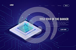 Computer technology isometric abstract banner, cpu server, big data processing, machine learning, neural network, data