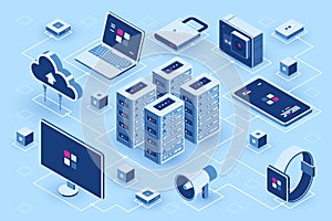 Computer technology isometric icon, server room, digital device set, element for design, pc laptop, mobile phone with