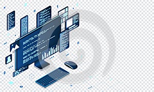 Computer technology isometric illustration. Desktop computer platforms. Software programming coding concept. Code with computer