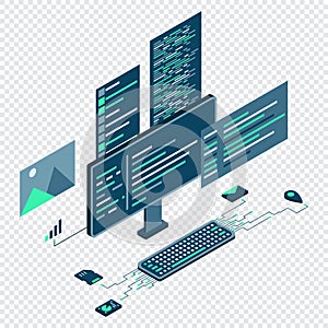 Computer technology isometric illustration. Desktop computer platforms. Software programming coding concept. Code with computer