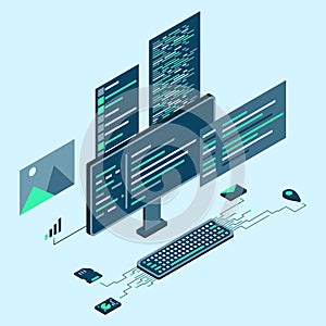 Computer technology isometric illustration. Desktop computer platforms. Software programming coding concept. Code with computer