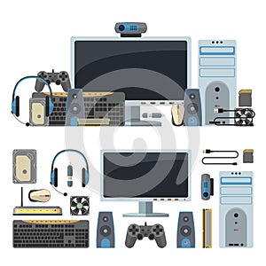 Computer technology objects in white background. Vector design elements and icons in flat style