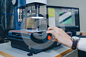 computer technology in the office. Technology HUD hologram and a woman taking notes. Development of programmers Team