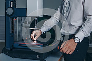 computer technology in the office. Technology HUD hologram and a woman taking notes. Development of programmers Team