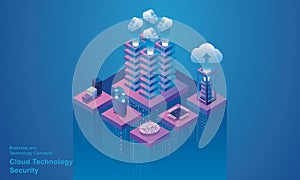 Computer technology server room digital equipment isometric concept communication cloud storage to network online device data