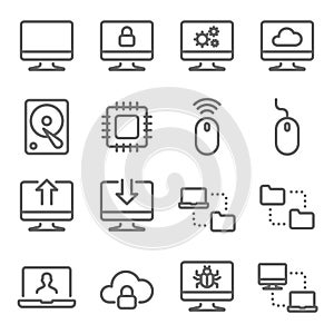 Computer Technology Vector Line Icon Set. Contains such Icons as CPU, Hard disk, Synchronize, network and more. Expanded Stroke