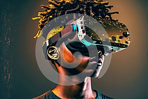 computer technology young guy wearing virtual reality gles vr headset