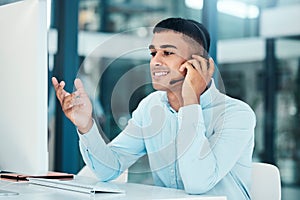 Computer, telecom communication and telemarketing consultant working on sales pitch conversation. Contact us help desk