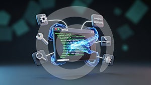 Computer Terminal with Coding and Debugging Icons code programming