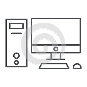 Computer thin line icon, desktop and monitor, pc sign, vector graphics, a linear pattern on a white background.