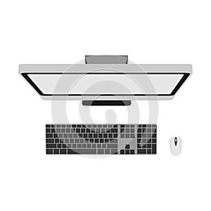 Computer top view technology business office design background. Above white screen PC vector object. Desktop table icon monitor is