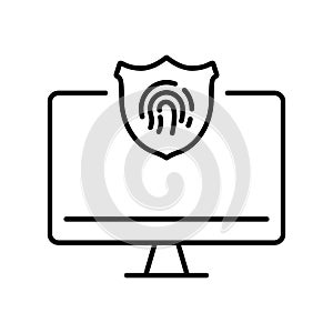 Computer with Touch ID Technology Line Icon. Password Screen, Security Access Pictogram. Fingerprint Identification