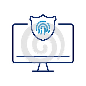 Computer with Touch ID Technology Line Icon. Password Screen, Security Access Pictogram. Fingerprint Identification